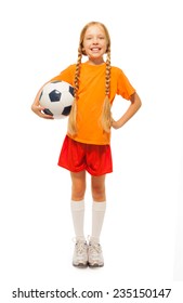 Little Blond Girl Holding Soccer Ball Isolated
