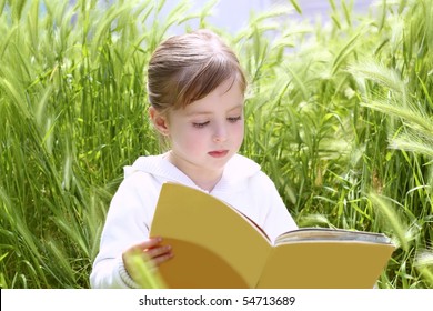 Little Blond Girl Reading Book Between Green Spikes Meadow Garden