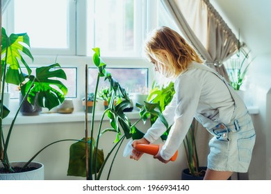 Little Blonde Girl Holding Spray Bottle And Watering Green Monstera Plant At Home. Kid Helping About The House. Taking Care Of Indoor Flowers. Home Gardening And Biophilia Lifestyle. Selective Focus.