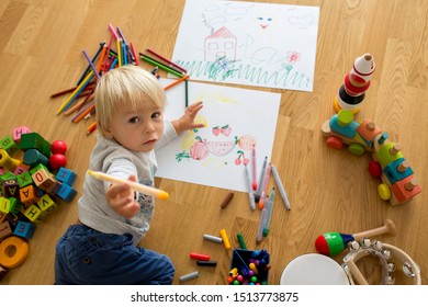 Little Blonde Toddler Boy Drawing Pastels Stock Photo 1513773875 ...