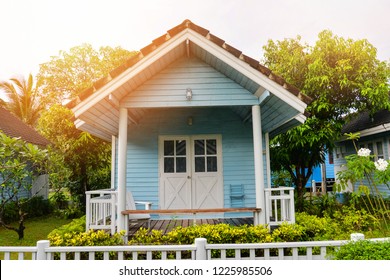 little blue house cottage in the garden summer green plant and tree background 