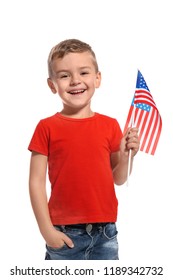 Little Boy With American Flag On White Background