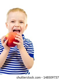 little boy with apple isolated on a white background