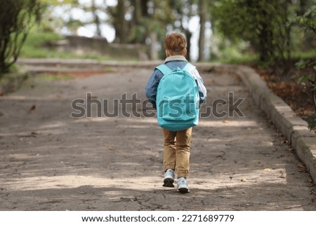 Elementary school boy walks forest in Lovcen National Park, Montenegro on an autumn day. An inquisitive boy exploring nature. Tourism and travel for family with kids.