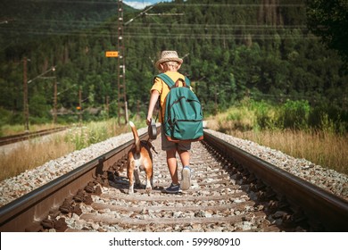 Little boy with backpack walks with beagle dog on the emty railway in forest