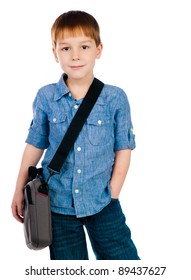 little boy with bag on white background