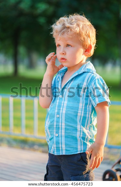 Little Boy Blond Curly Hair Walking Stock Photo Edit Now 456475723