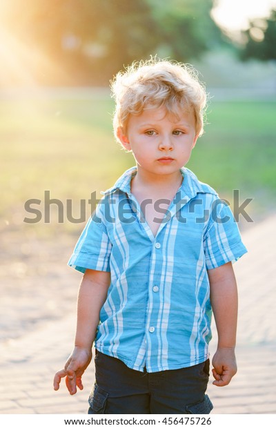 Little Boy Blond Curly Hair Walking Stock Photo Edit Now 456475726