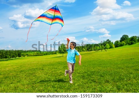 Little boy in blue shirt running with kite in the field on summer day in the park