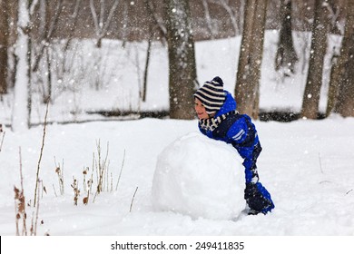 Little Boy Building Snowman In Winter Park