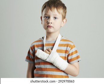 Little Boy In A Cast.child With A Broken Arm.kid After Accident