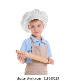 Little Boy In Chef Hat On White Background