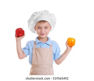 Little Boy In Chef Hat On White Background