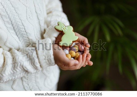 Little boy with chocolate easter eggs and bunny cookie in his hands.