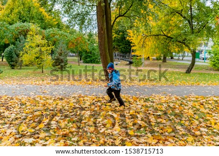 A little boy in the city Park in autumn playing running