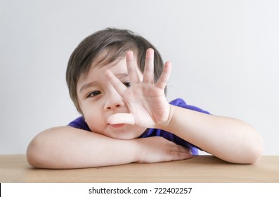 Little Boy Counting Five, Cute Kid Showing 5 Fingers Or Five Numbers With Fingers, Education Or Toddler Development Concept