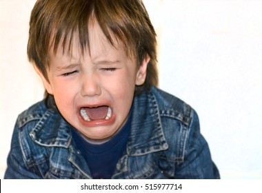 Little Boy Is Crying On A White Background. Tantrum Child