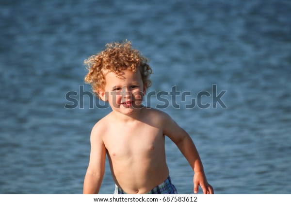 Little Boy Curly Blonde Hair Beach Stock Photo Edit Now 687583612