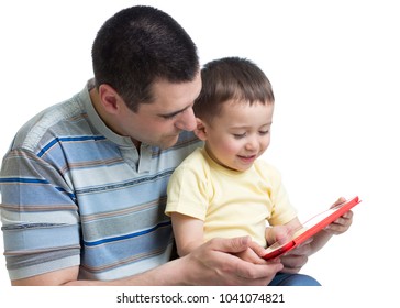 Little boy with dad playing with ipad. Isoated.