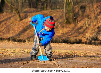 Little Boy Digging In Autumn Park, Autumn Kids Activities