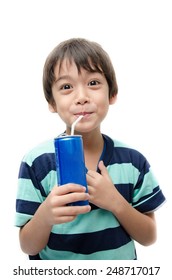 Little Boy Drinking Soft Drink Can On White Background