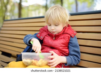 Little boy is eating his lunch after kindergarten or school from plastic container on bench in the park. Street take away food for child. Unhealthy meals for kids. Care of healthy food.