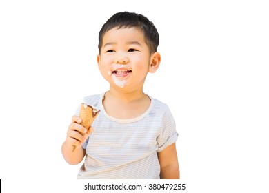 Little Boy Eating Ice Cream Isolated On White Background