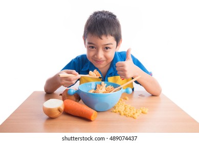 Little Boy Eating Macaroni Pasta Healthy Food 