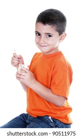 Little Boy Eating Yogurt On White Background