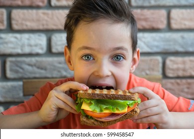 Little Boy Eats A Huge Sandwich.