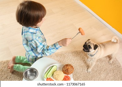 Little boy feeding cute pug dog with sausage at home