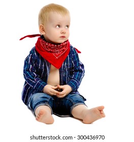 Little boy in gangster kerchief around his neck on a white background