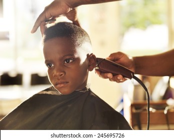 little boy getting his head shaved by barber