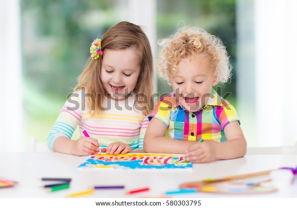 Little Boy Girl Draw Together White Stock Photo Edit Now