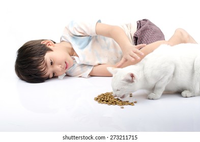 Little Boy Giving Food For Cat