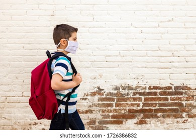 Little Boy Going To School With Protective Mask