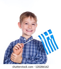 A Little Boy With Greek Flag On The White Background