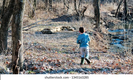 Little Boy In Green And White Striped Shirt, Gray Pants, And Muck Boots Runs Through Winter Woods Alongside Creek (shown From Back).