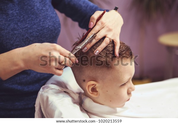 Little Boy Hairdresser Child Scared Haircuts Stock Photo