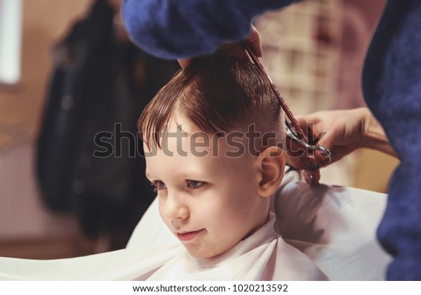 Little Boy Hairdresser Child Scared Haircuts Stock Photo