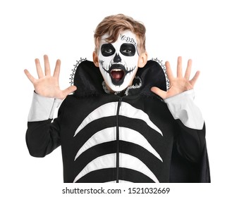 Little Boy In Halloween Costume On White Background