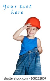 Little Boy With Hard Hat And In Too Big Jeans