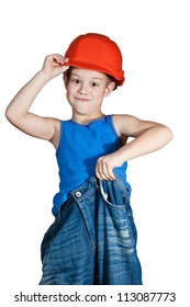 Little Boy With Hard Hat And In Too Big Jeans