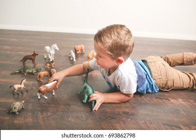 Little Boy Has A Fun Time Playing With Toy Animal Figures