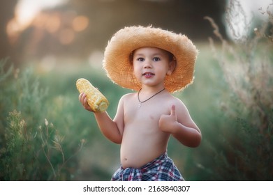 Little boy in a hat eats corn. The farmer's child holds corn in his hands. The child eats boiled corn.