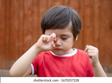 Little Boy Is Having Allergy Rubbing His Eye, Kid Scratching His Eyes While Playing Outdoor In Summer, Child Having Allergy Itchy Face And Sneezing While Playing Outdoor.