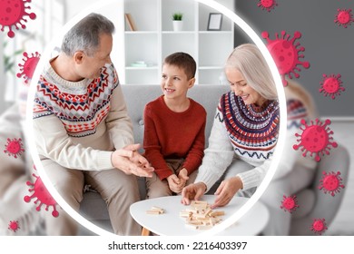 Little boy with his grandparents playing jenga game at home. Concept of strong immunity - Powered by Shutterstock