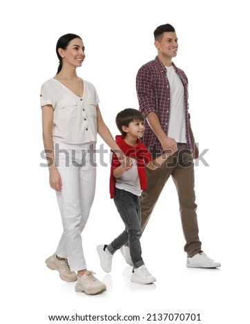 Little boy with his parents together on white background