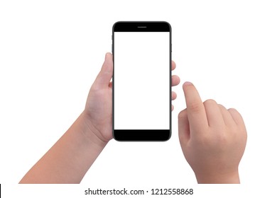 Little Boy Holding Black Modern Smartphone With Empty Screen In Hand, Isolated On White Background. Mockup