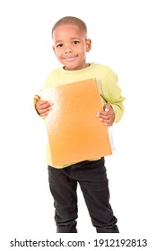 little boy holding books isolated in white